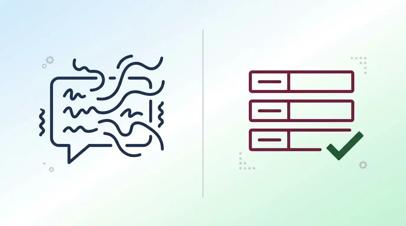 Text Generation vs Typed Decisions Comparison Side-by-side comparison of a chat bubble output versus a structured decision output